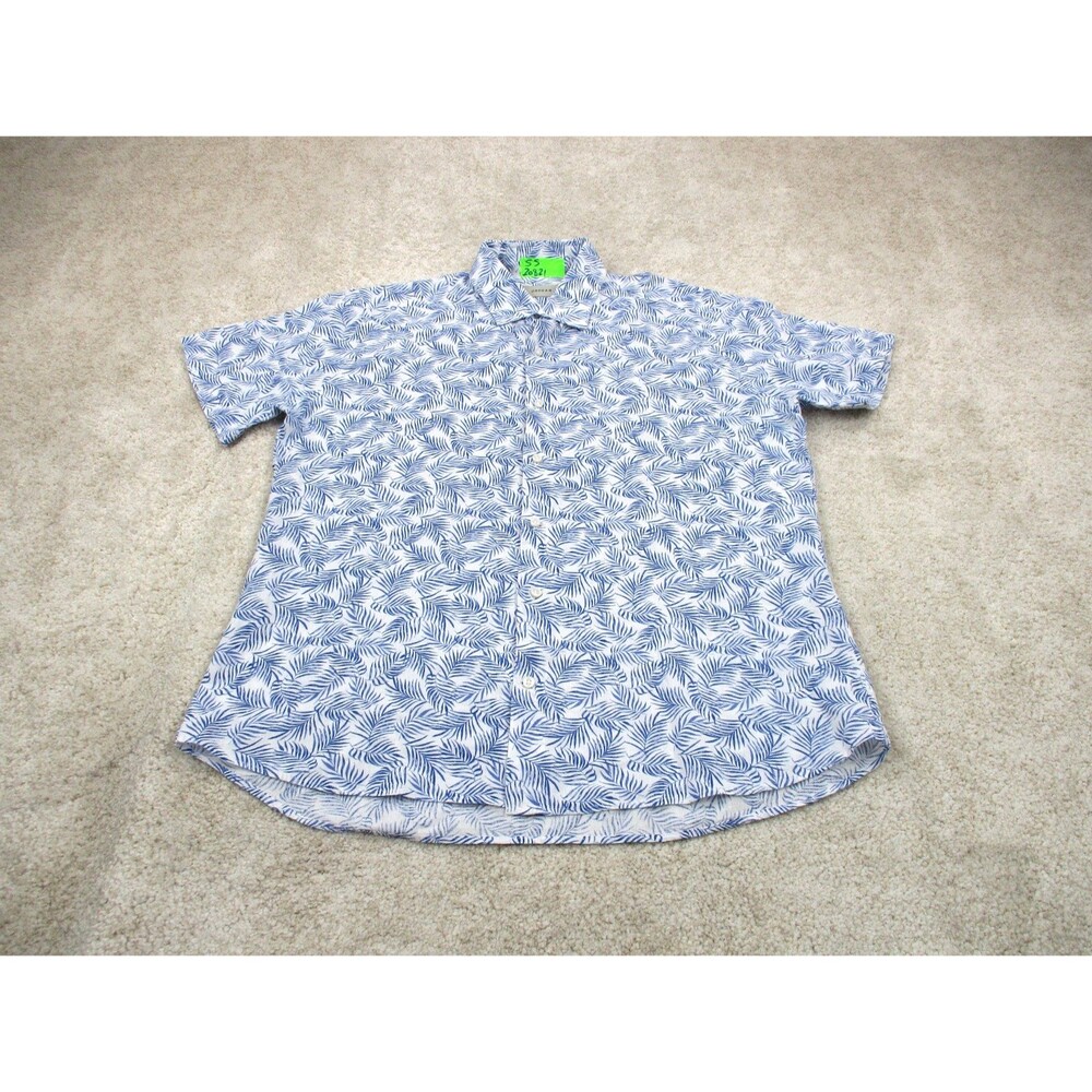 Ordean Shirt Mens Large L White Blue Floral Hawaiian Linen Cotton Button Up